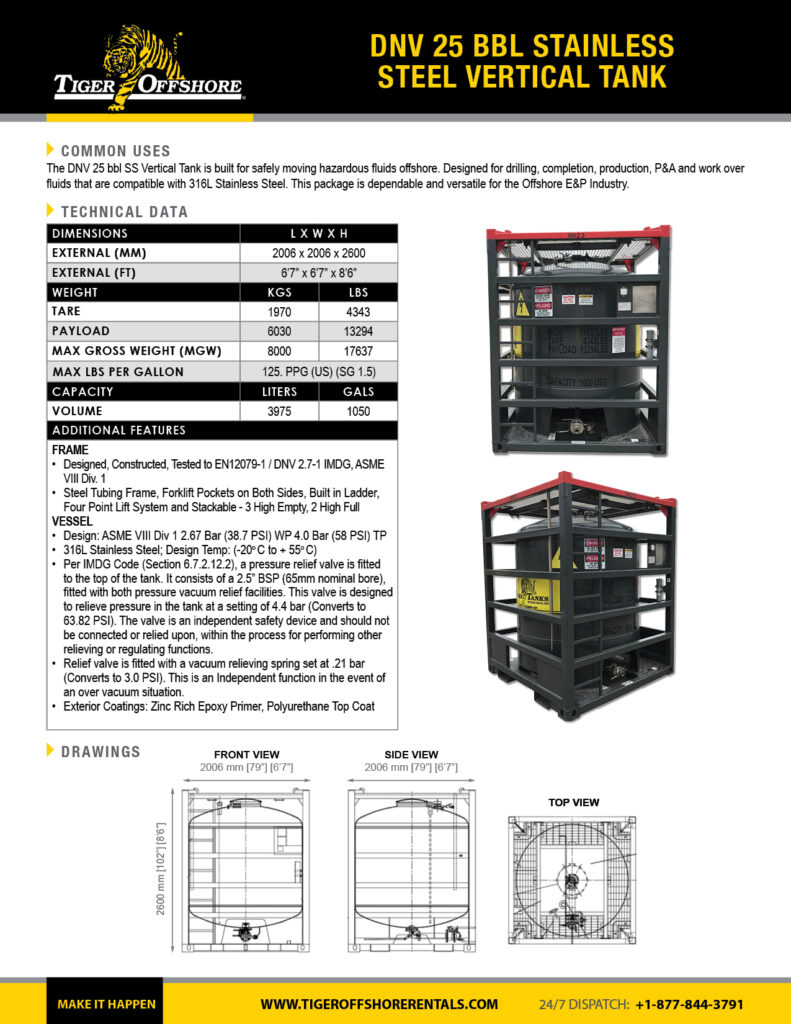 DNV 25 bbl Stainless Steel Vertical Tank