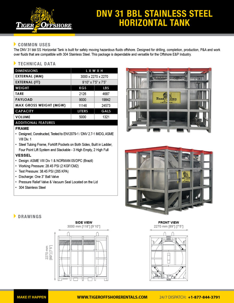 DNV 31 bbl Stainless Steel Horizontal Tank
