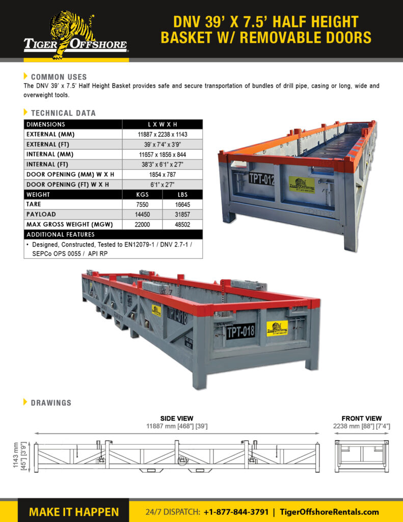 DNV 39' X 7.5' Half Height Basket w Removable Doors